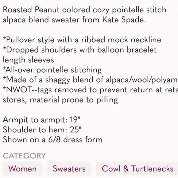 NWOT KATE SPADE Cozy Pointelle Alpaca Sweater, M - Picture 6 of 6